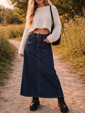 Vintage Y2K Gasoline Jeans Dark Wash Denim Maxi Skirt w/ Belt Utility Pocket